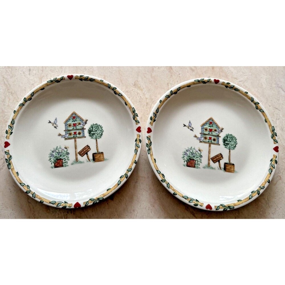 Thomson Pottery Birdhouse Salad Plates Birdhouse Hearts Vine 7 3/4" Set of 2